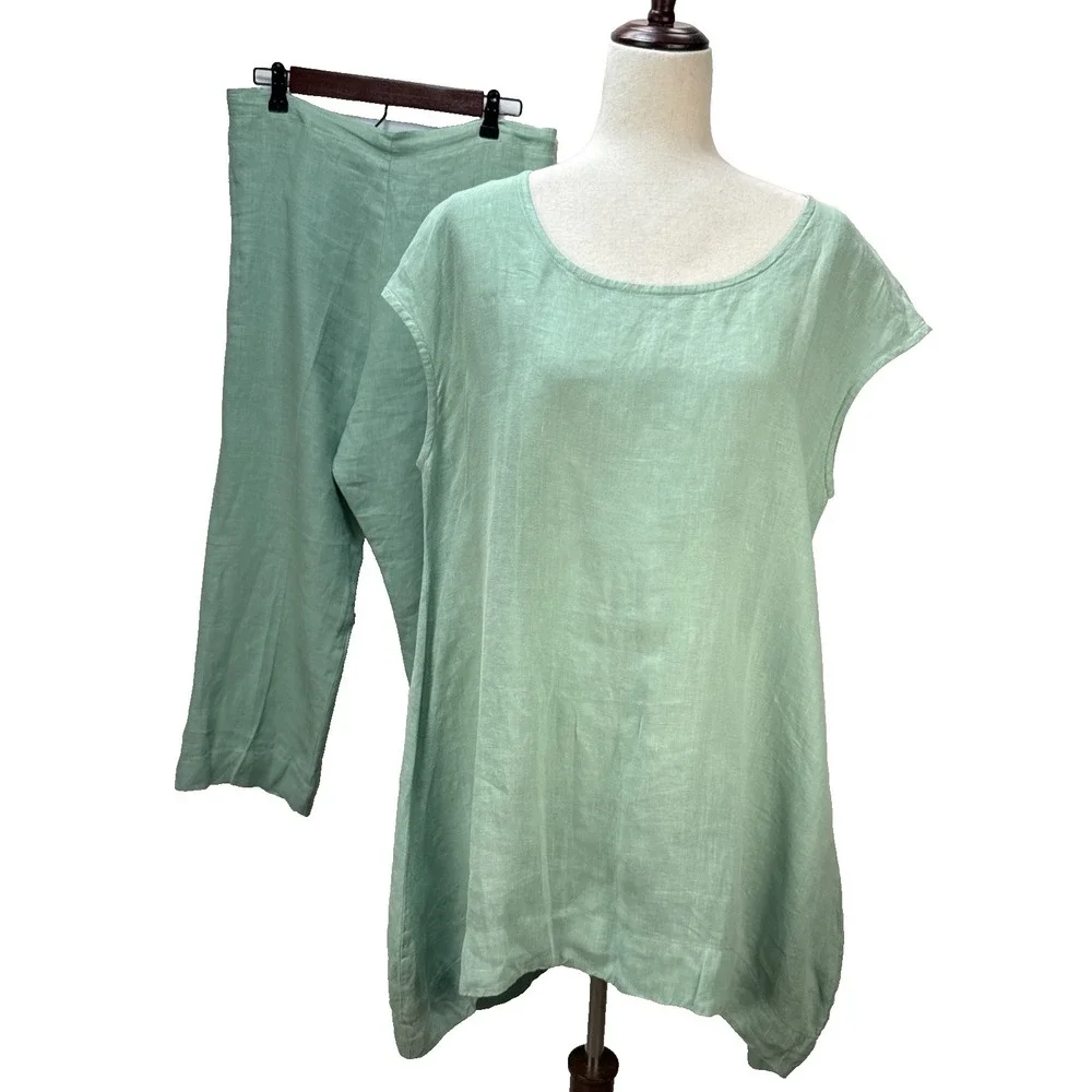 Bryn Walker Tunic Cropped Pants Matching Set Size‎ M Mint Green Linen Lagenlook